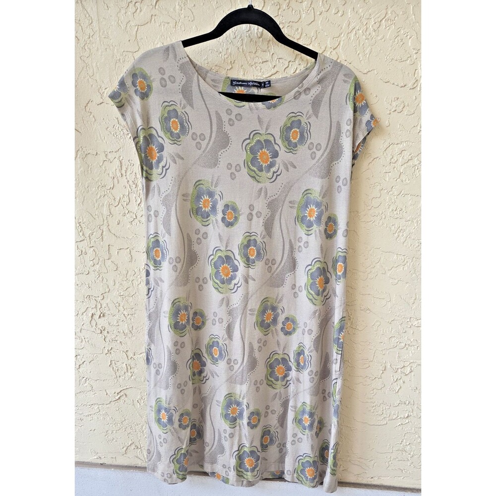 GUDRUN SJODEN Sage Green Floral Dress SMALL Organic Cotton Blend Jersey Pockets
